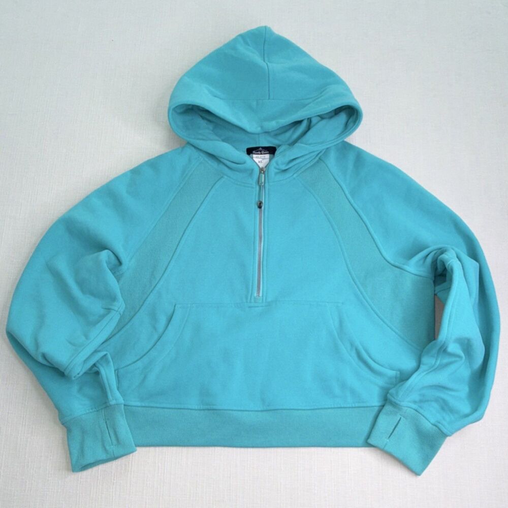 Trendy Queen Turquoise 1/2 Zip Hoodie XL Rayon Spandex Hooded Pockets Raglan